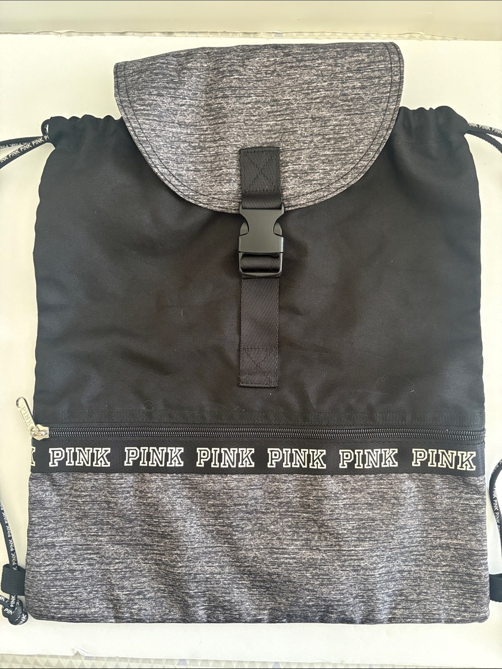 PINK Victoria's Secret Black & Heather Gray Drawstring Backpack with Buckle